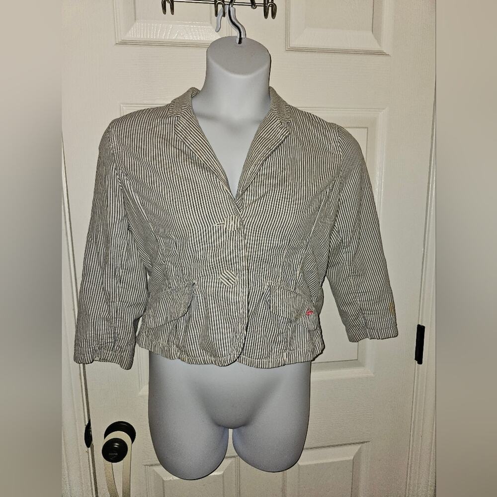 y2K American Eagle Outfitters Seersucker Baby Blazer - Blue and White Stripe